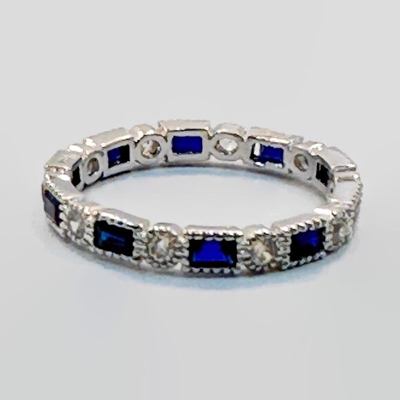 Sapphire Ring, Stacking, Band, Sterling Silver, Ring Guard, Art Deco Style,Blue - Picture 2 of 8